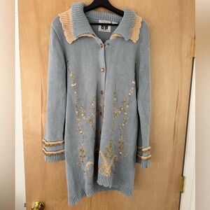 Storybook Knits Blue and Tan Embroidered Cardigan